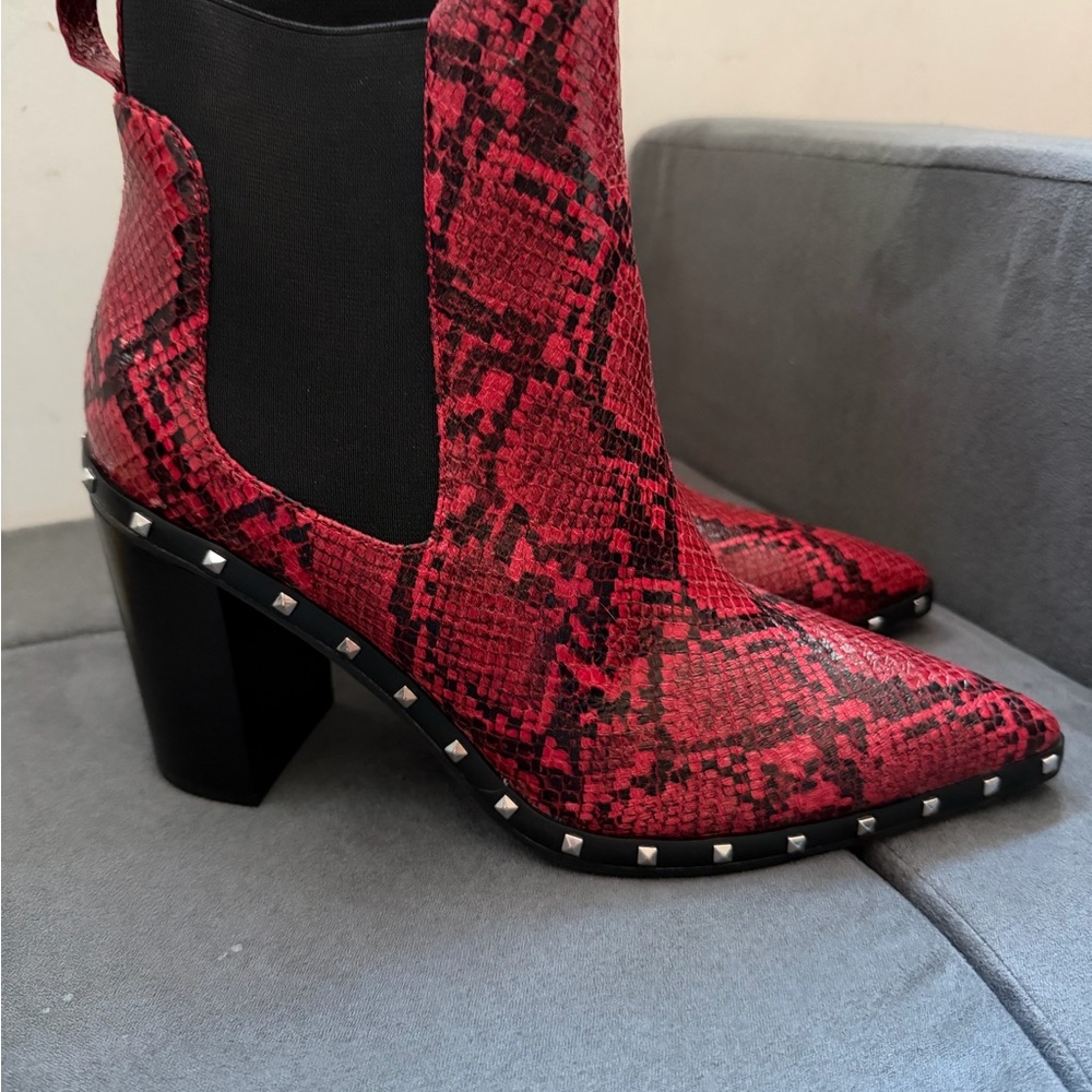 Red Snake-Print Block Heel Ankle Boot with Stud Detail size 9.5 women’s - Picture 2 of 5